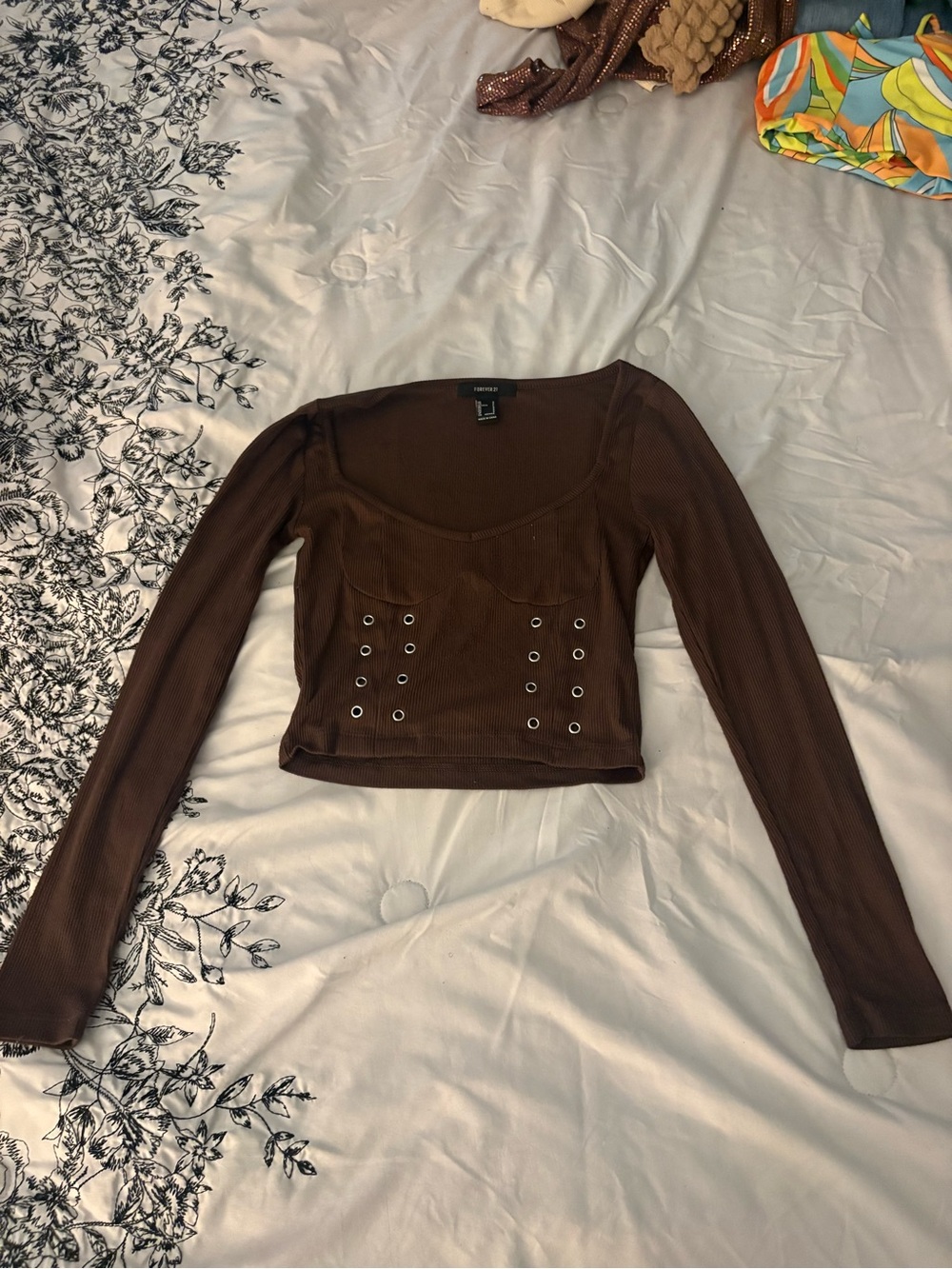 Forever 21 Brown Long-Sleeve Corset Eyelet Top